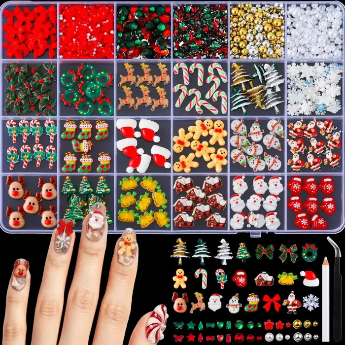 1 boîte de décorations créatives pour ongles en résine, motifs de rennes, de Père Noël, de gants, de nœuds, de chaussettes et de clochettes, pour la décoration des ongles de Noël DIY.