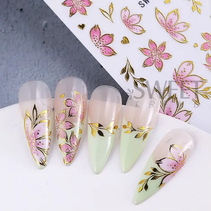 Autocollants pour ongles fleur d'hibiscus rose doré