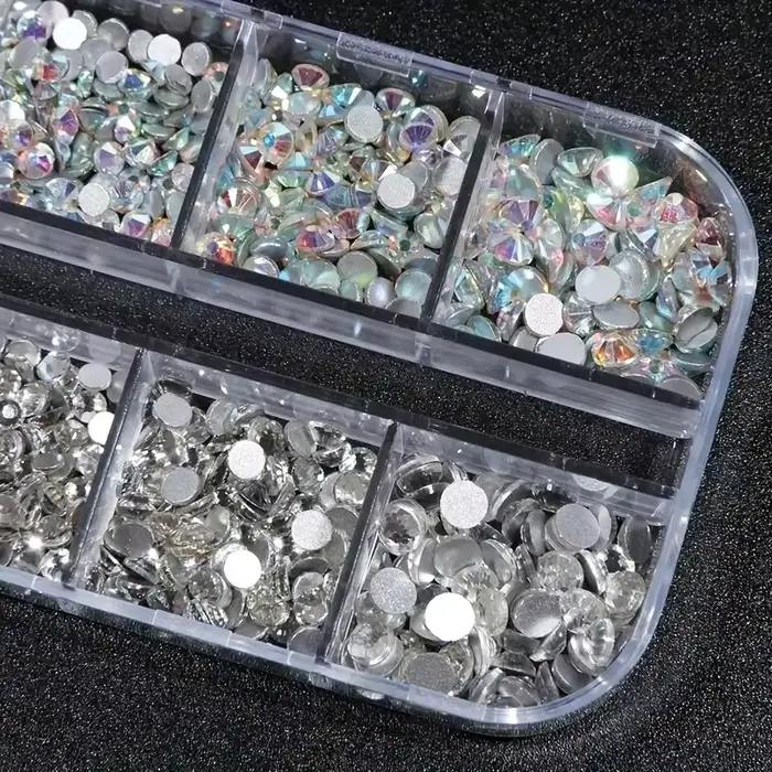 Boîte de strass 3D à dos plat pour ongles, gemmes en verre AB et cristal clair, Kit de breloques pou