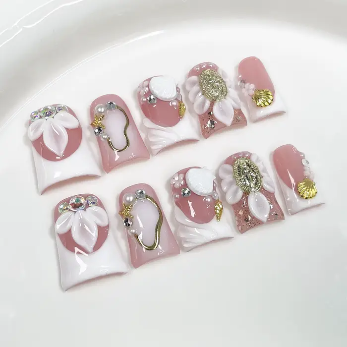 10 pièces doux doux presse sur ongles français canard Bill forme faux ongles 3D sculpture fleur strass à la main portabl