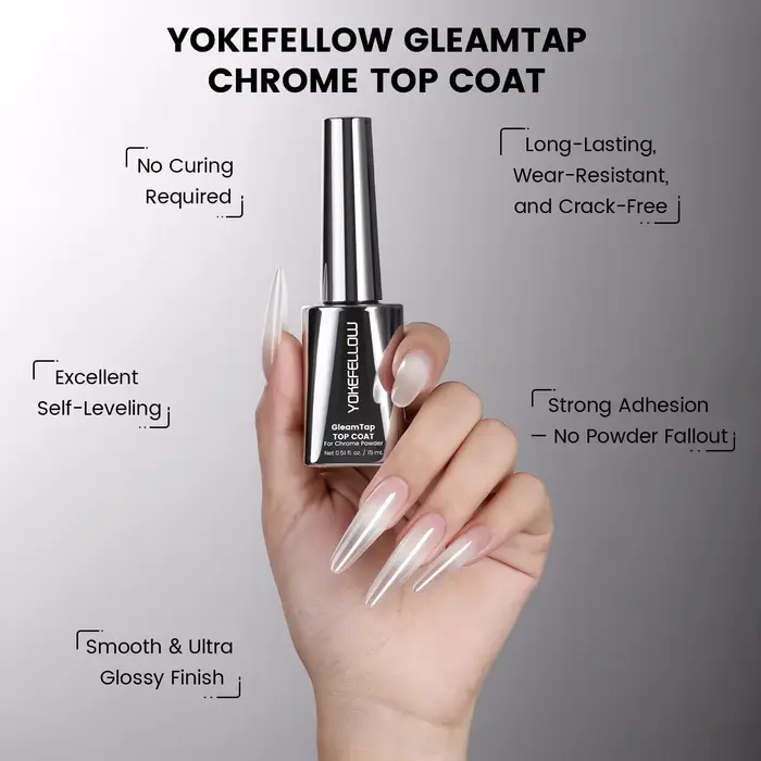 NOUVEAU YOKEFELLOW GleamTap Top Coat pour Poudre Chromée Sans HEMA et TPO 15ML – Rétention Maximale
