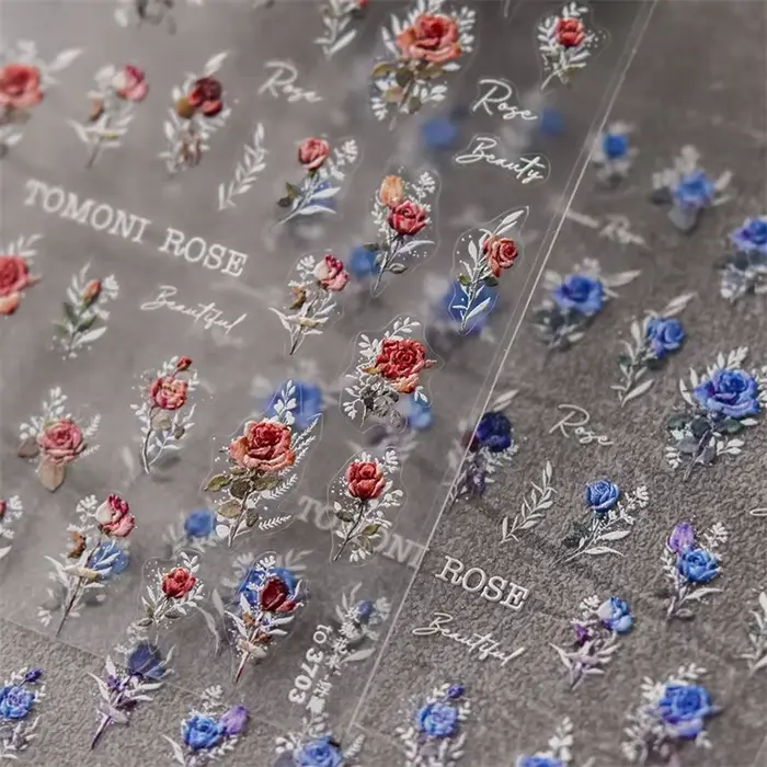 Autocollants pour ongles japonais Vintage, fleur de Rose rouge et bleue, Laser or argent, décalcoman