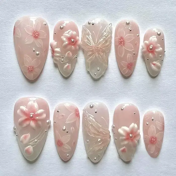 24 pièces fleur rose amande presse sur ongles Kawaii faux