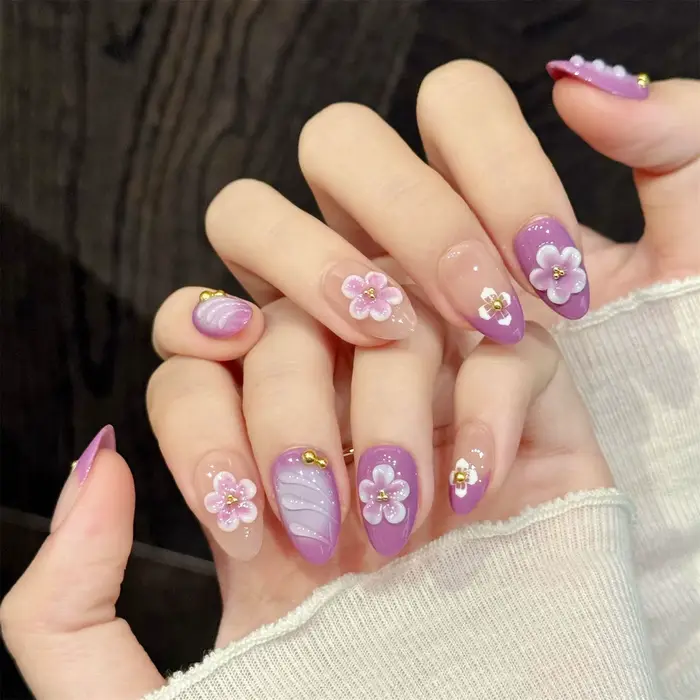 10 faux ongles dégradés rose et violet avec des motifs de fleurs en relief 3D, faits à la main, à pr