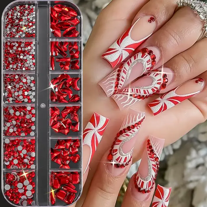 12 grilles 3D noël rouge forme aléatoire Nail Art strass verre scintillant Flatback diamant