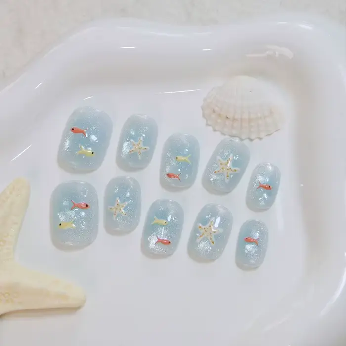 10 pièces 【Ocean Love】 Faux ongles à presser effet œil de chat