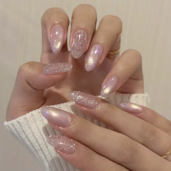 24 pièces amande Pure fait à la main presse sur les ongles couverture complète papillon français perle diamant faux