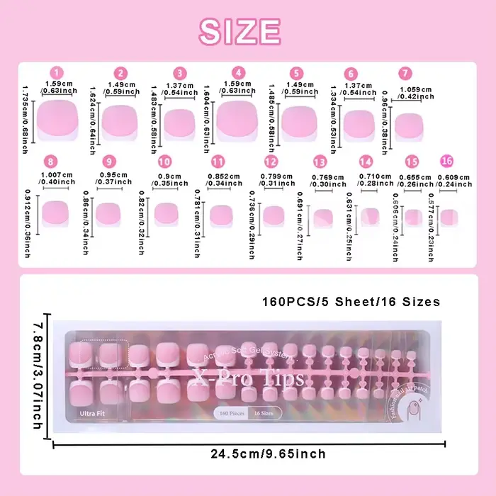 160 pièces faux ongles des orteils rose français court carré couverture complète naturel artificiel acrylique