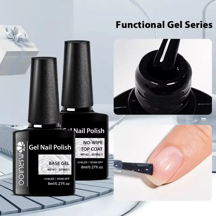 Lot de 2 vernis à ongles semi-permanents 8ml : Base Gel et Top Coat sans résidu