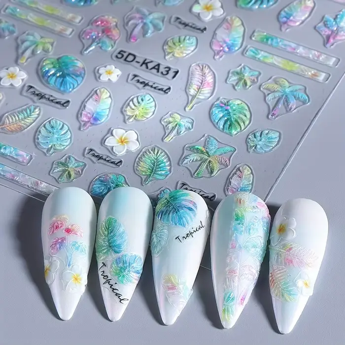 Autocollants pour ongles en relief avec des motifs floraux et d'animaux de plage d'été