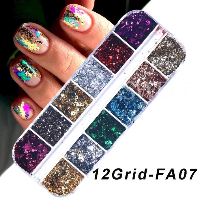 12 grilles feuilles d'or ongles paillettes aléatoires holographiques aluminium feuille d'ongle flocons autocollants
