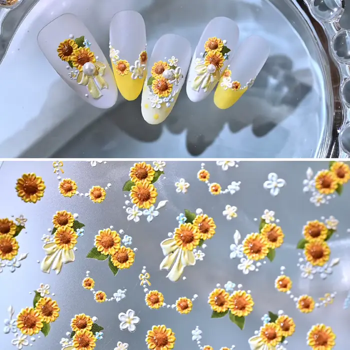 1 feuille d'autocollants 5D gaufrés tournesol pour ongles