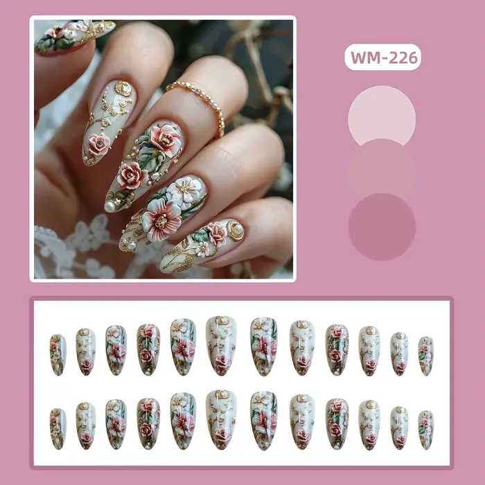 Faux ongles à pression en fleurs de pêcher roses