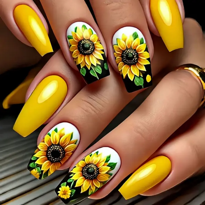 Faux ongles tournesol avec autocollant en gelée