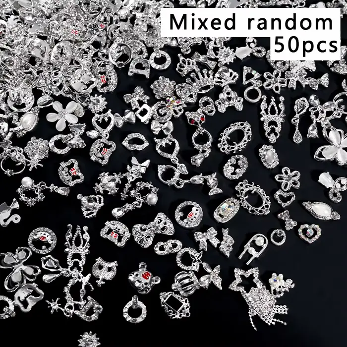 Breloques pour ongles en métal, nœud papillon/couronne en argent 3D, avec pendentif pompon, papillon