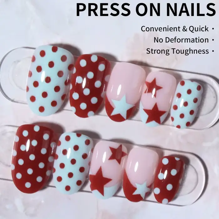24 autocollants pour ongles ovales à pois étoiles, matériau acrylique, ajustement parfait, ensemble 