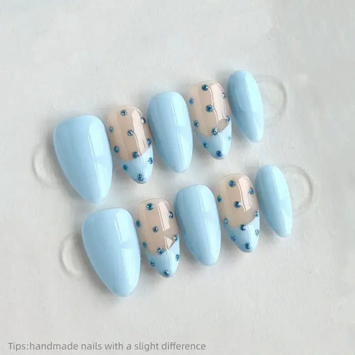 10 pièces à la main nu bleu à pois presse française sur les ongles amande portable réutilisable élégant faux