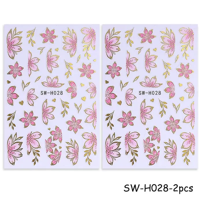 Autocollants pour ongles fleur d'hibiscus rose doré, 2/3 pièces, pétales de bordure bronzants 3D, cu