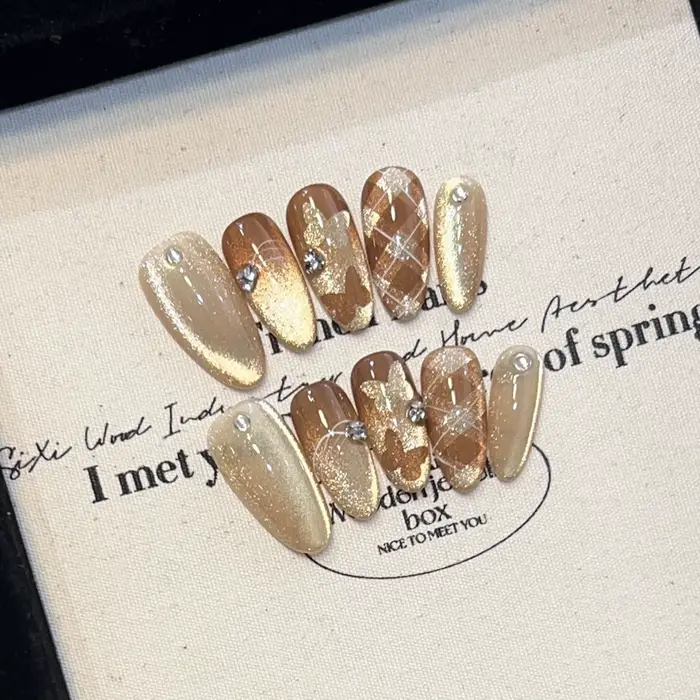 10 pièces yeux de chat presse sur ongles avec Flash strass amande faux ongles grilles papillon brico