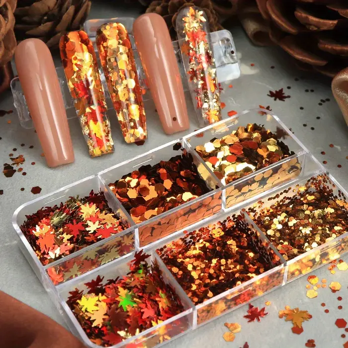 6 compartiments de paillettes pour ongles à thème automne, feuilles dorées, rouges et oranges, pour nail art, décorations DIY, fournitures pour ongles en acrylique et décalcomanies