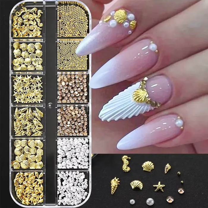12 grilles océan or Nail Art breloques coquille/hippocampe/étoile de mer blanc demi-rond perle gemme