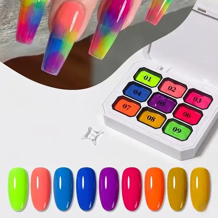 Gel UV 9 couleurs fluo néon solide en grille de neuf carrés