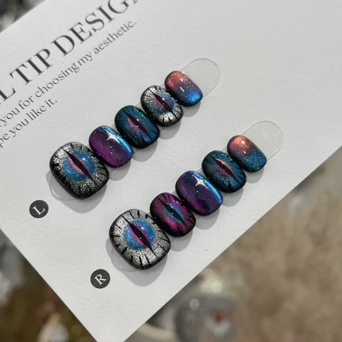 10 pièces faux ongles carrés courts avec oeil du diable mystérieux étoile presse