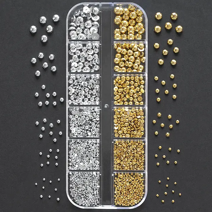 12 grilles de perles de Caviar 3D pour ongles, breloques en métal or argent, bijoux, boules en acier