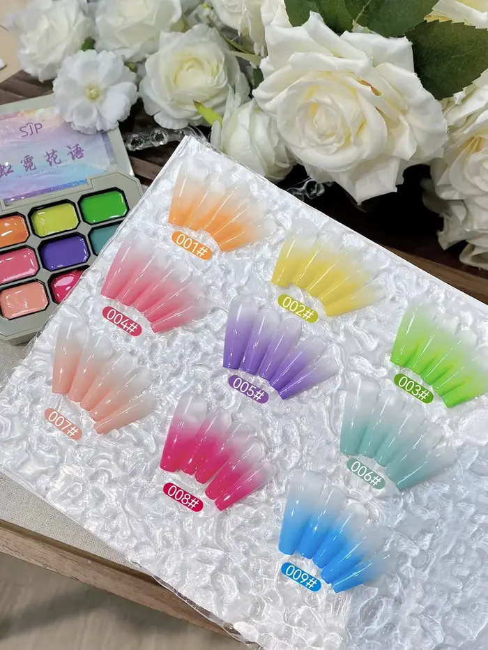 Gel de Peinture pour Ongles 9 Couleurs Effet Macaron Printemps-Été 4-en-1 – Gel de Stamping Dégradé pour Nail Art