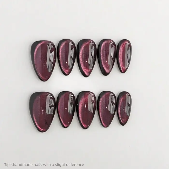 10 faux ongles press-on œil de chat rose faits main, courts, brillants, effet scintillant, pour le p