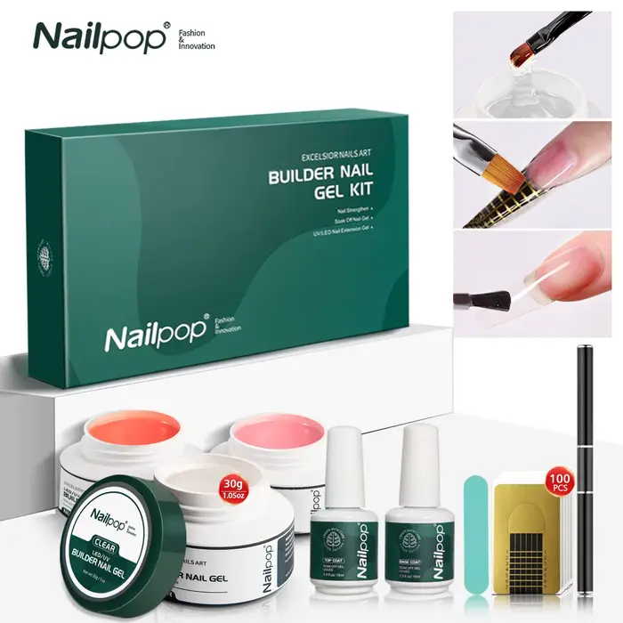 NAILPOP constructeur ongles Gel ensemble 3 couleurs de base Kit d'extension d'ongle clair nu rose renforcer Gel avec brosse 100 pièces formes d'ongles bricolage