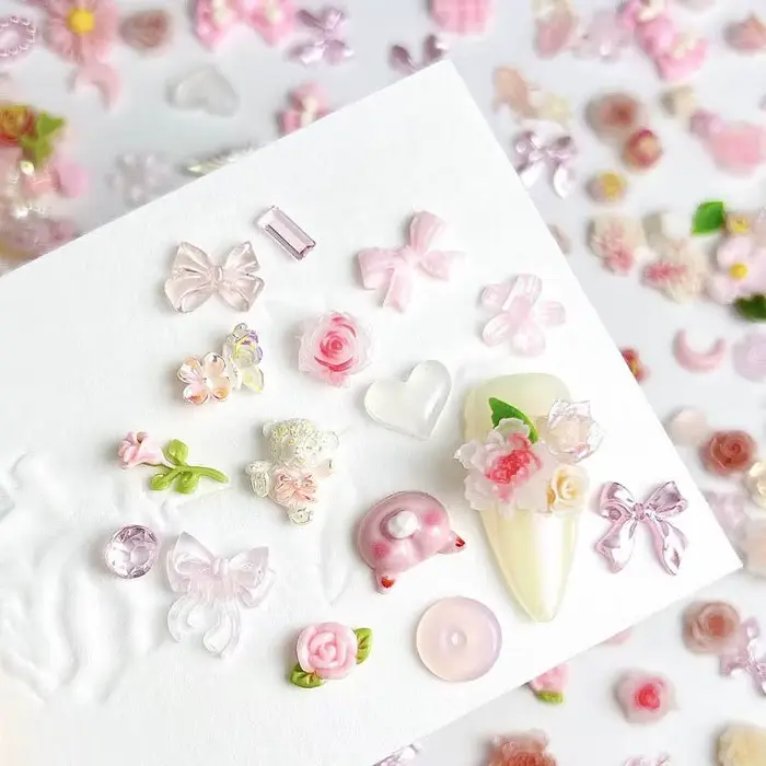 Breloques en résine 3D pour les ongles, mélange aléatoire, rose doux, fleur rose, accessoires de déc