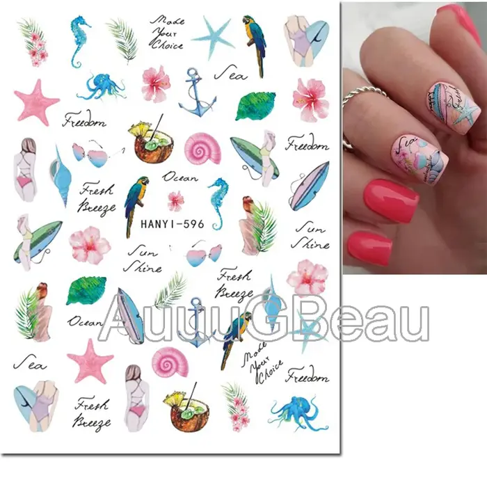 3d Nail Art décalcomanies été demande fleurs jaune bleu rose