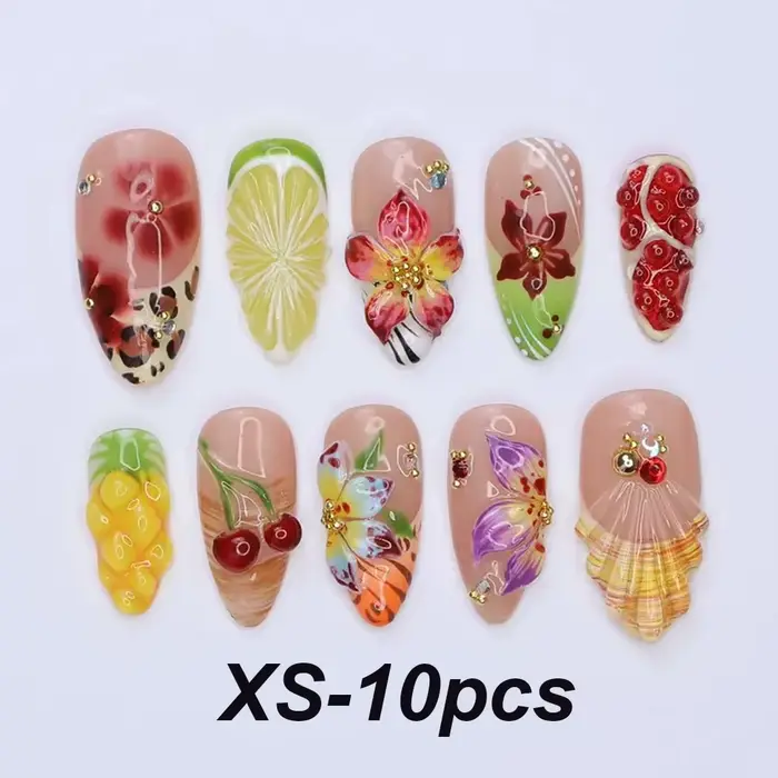 10 faux ongles à presser pour femmes, motifs fruits tropicaux et fleurs, colorés, ananas et cerises 