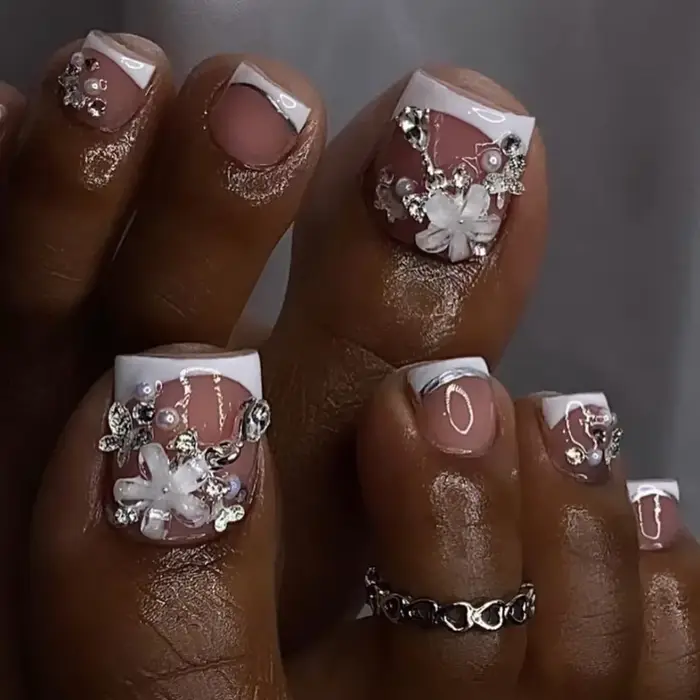 Orange français été 3D fleurs Nail Art portable mode faux ongles détachable fini orteil