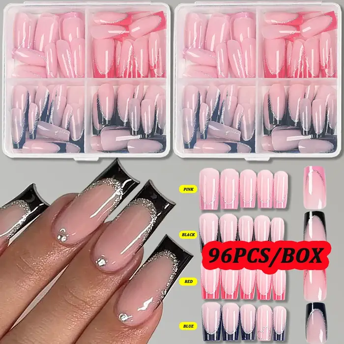 96 pièces/boîte 4 couleurs faux ongles français mi cercueil noir rouge