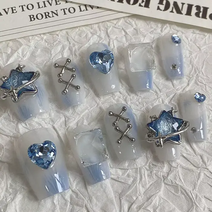 10 pièces Dreamy Blue Light Press - sur les ongles avec étoile