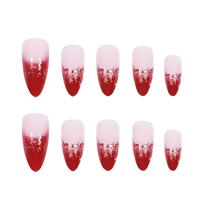 Faux ongles français à paillettes rouge vin