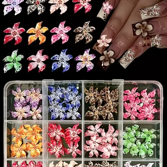 12 Grilles de Breloques pour Ongles en ABS à Motifs Léopard Assortis, Fleurs Y2K Dégradées à Pois, A