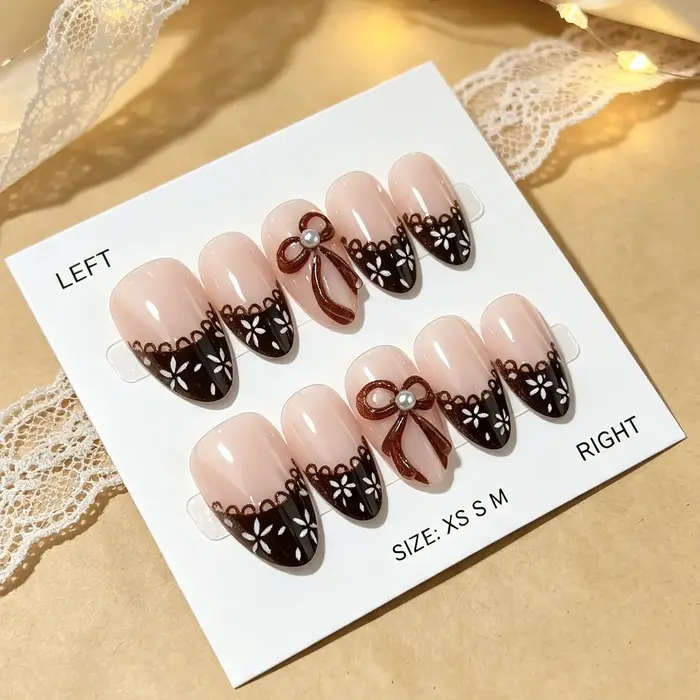 30 faux ongles à presser, style simple et élégant pour tous les jours, avec nœud et design français 