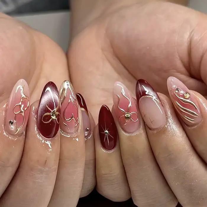 24 pièces rouge français court presse sur ongles doux Cool amande faux ongles nœud papillon perle am