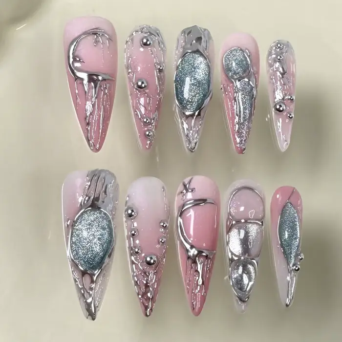 10 faux ongles bleus à presser avec strass, longs en acrylique, forme amande, pour filles stylées