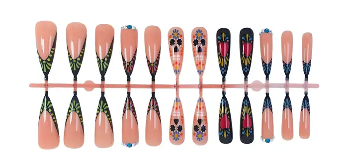 24 faux ongles, motif floral abstrait en forme de cœur orné de strass
