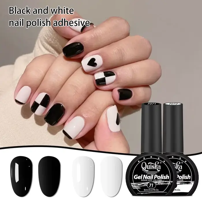 Quiska Lot de 2 vernis à ongles gel noir et blanc 8 ml semi-permanents à retirer par trempage UV LED