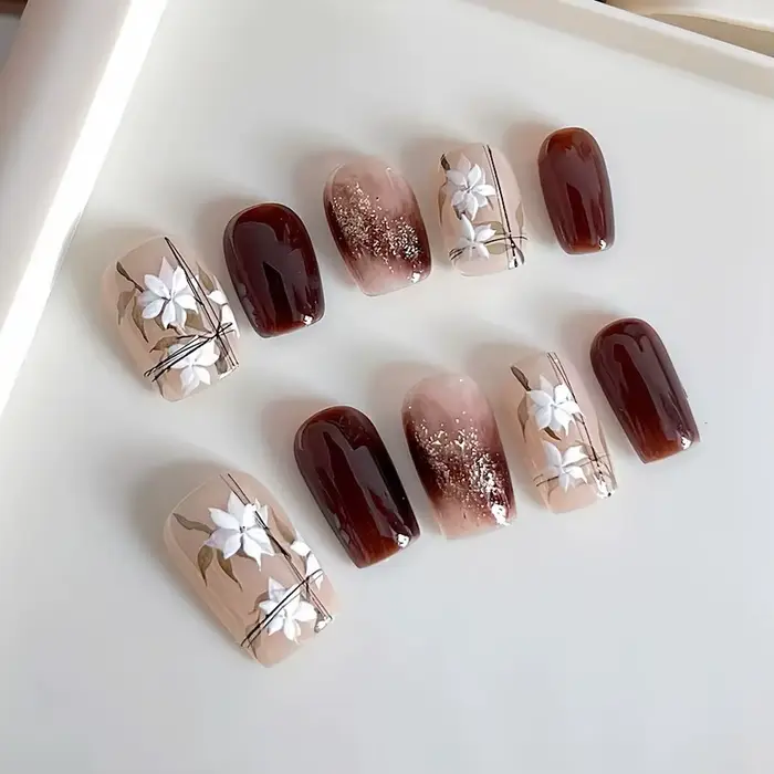 Faux ongles mi-longs pour femmes et filles, couvrance totale, marron, forme carrée, avec motifs flor