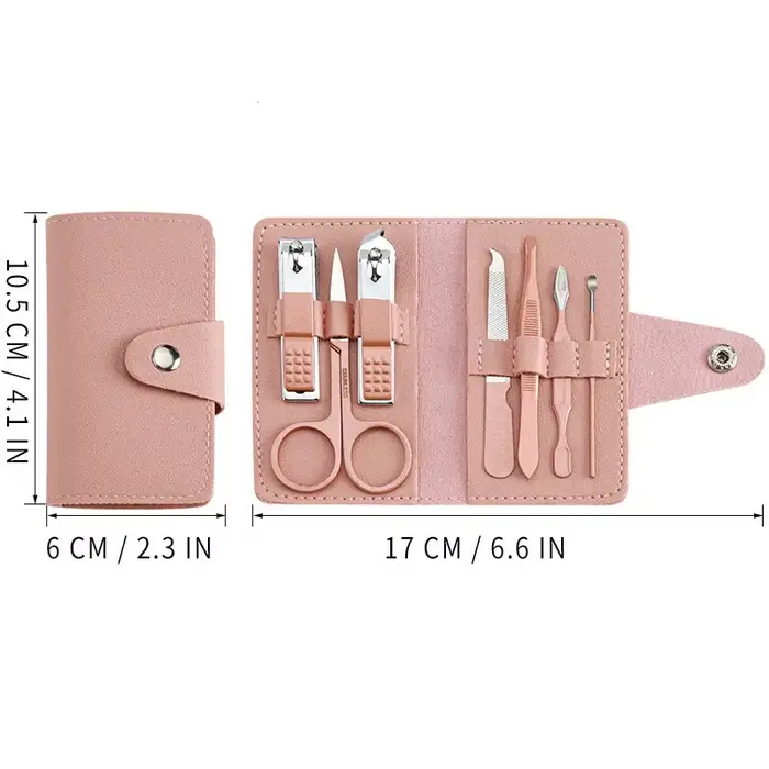 Kit de manucure et pédicure professionnel pour femme – Ensemble de 7 pièces avec outils en acier inoxydable dans un étui en cuir PU coloré