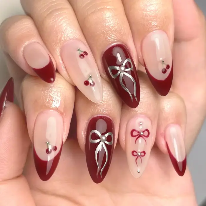 Presse rouge cerise sur les ongles 24 pièces couleur unie faux