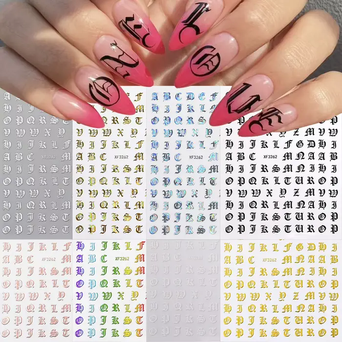 3D paillettes gothique lettre Design Nail Art autocollants majuscules Alphabet lettres conceptions a