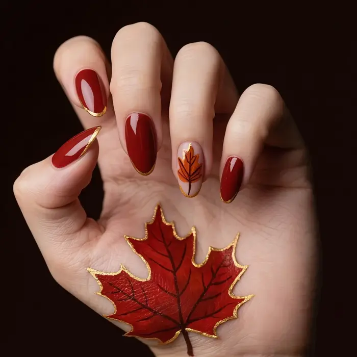 24 pièces de nouveaux ongles artificiels rouge bordeaux - style feuille d'érable automne-hiver