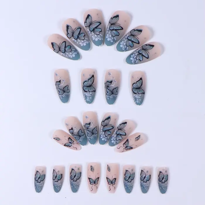 24 faux ongles bleus en forme de ballerine